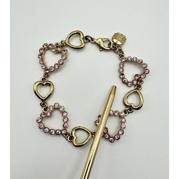Monet Gold Tone Pink Rhinestone Heart Link Bracelet 7.25”‎ Needs One Stone - Picture 6 of 10